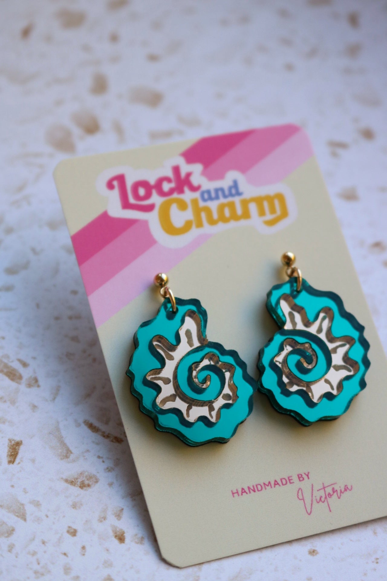 Teal and Gold Mirrored Acrylic Fossil Shell Earrings