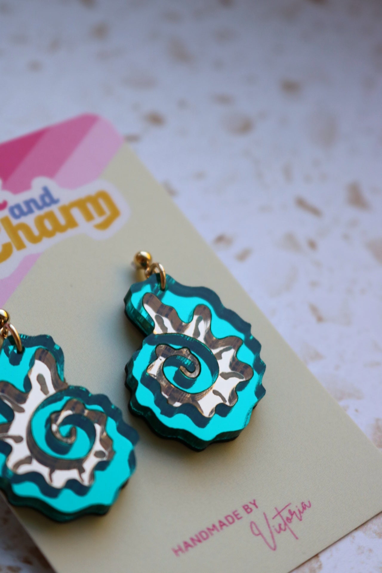 Teal and Gold Mirrored Acrylic Fossil Shell Earrings