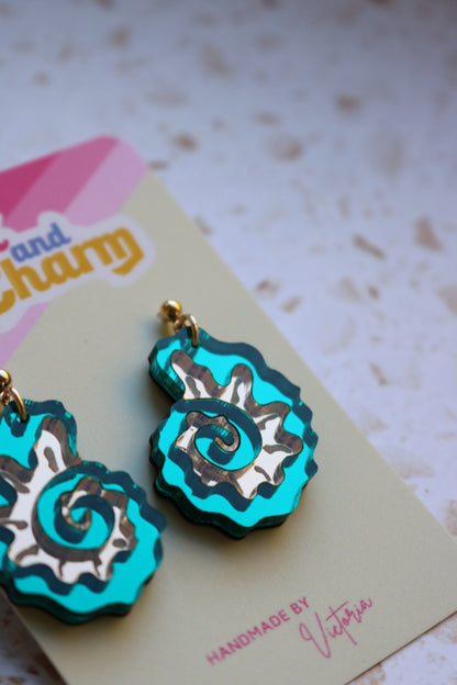 Teal and Gold Mirrored Acrylic Fossil Shell Earrings